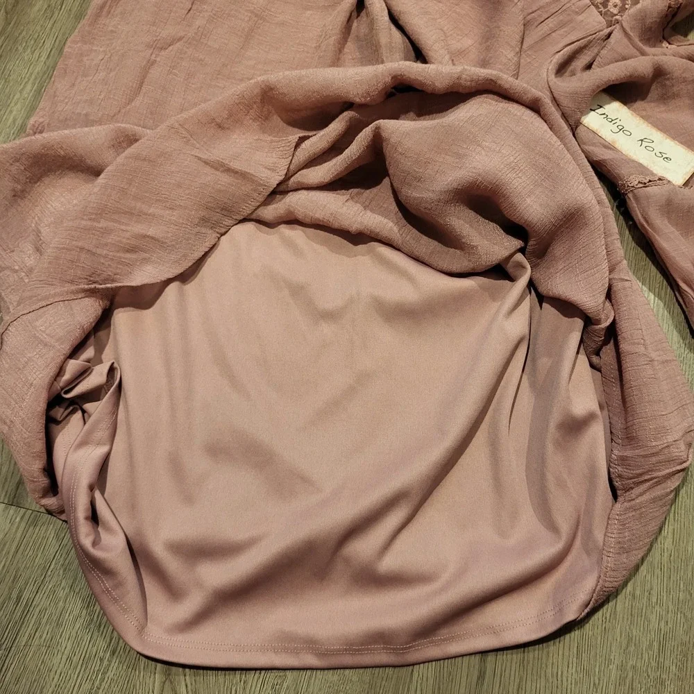 Boho Lace Yoke V-Neck Tunic Dress - Dusty Rose